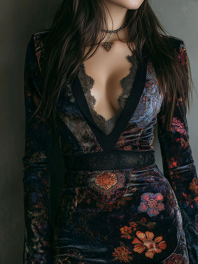 Fioletowa | Sukienka mini z dekoltem w serek w kwiaty